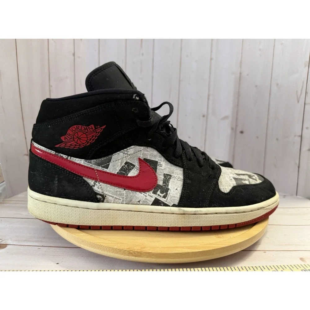 Jordan 1 Mid SE Air Times Newspaper Print Black Red White Sneakers Size 11